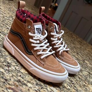 Vans Tan High-Top Cold Weather Sneakers with Red Plaid Lining Size 1.0